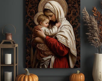 Poster Vierge Marie Et Jésus - Art Religieux Sur Toile - Décoration Catholique Vintage