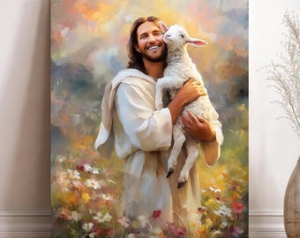 May include: A canvas print depicts a smiling figure in white robes holding a lamb. The artwork features a vibrant, impressionistic style with a colorful floral meadow in the foreground and a soft, blurred background. The overall theme is religious.