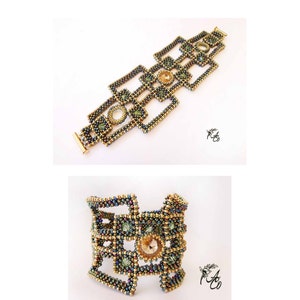 May include: A gold and green beaded bracelet with a geometric design. The bracelet is made with small seed beads and larger, faceted beads. The bracelet is shown in two different positions, one with the clasp visible and one with the bracelet closed.