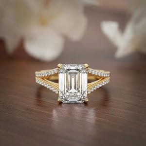1.75Ct Emerald Cut Lab Grown Diamond Ring, 18k Yellow Gold Split Shank Pave Band, Statement Engagement Ring, Anniversary Gift for Her