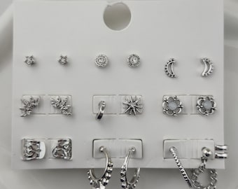Silver Tone Earring Set | Multi Pair Studs Hoops & Ear Cuffs | Minimal Celestial Jewelry Lot
