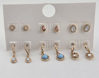Gold Tone Stud & Dangle Earring Set | Mixed Earrings | Blue Pink Stones | 6 Pairs