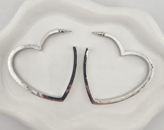 Silver Tone Heart Hoop Earrings | 2.5" Open Heart Statement Hoops