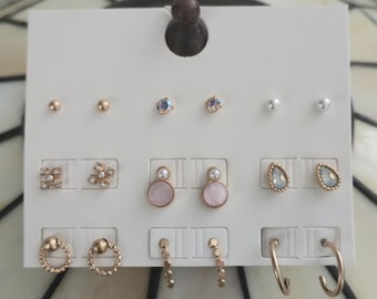 Rose Gold Tone Stud & Mini Hoop Earring Set Pearl Rhinestone Ear Stack