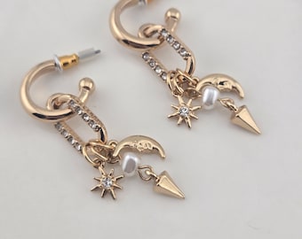 Gold Celestial Charm Hoop Earrings | Moon Star Pearl Dangle | NWOT