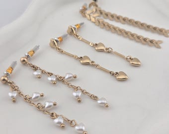 Gold Dangle Earring Set 3 Pairs | Heart Pearl & Arrow Chain Earrings