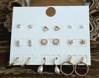 Rose Gold Tone Stud Earring Set Pearl Rhinestone Geometric Ear Stack