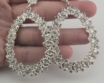 Silver Tone Floral Hoop Earrings | Rose Detail Statement Hoops | NWOT