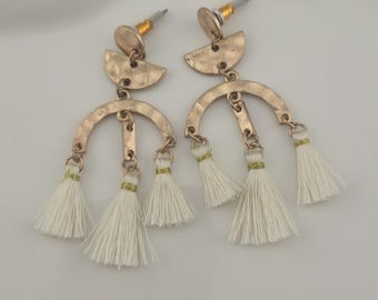 Gold Tone Tassel Dangle Earrings | Boho Fringe Earrings | Cream Tassels