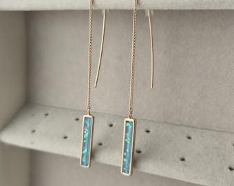 Gold Threader Earrings with Blue Opal-Style Inlay | Minimal Dangles