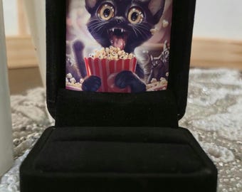 Popcorn Cat Velvet Ring Box – Funny Cat Lover Proposal & Keepsake Gift