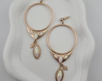 Rose Gold Hoop Earrings w Simulated Opal Drop | Boho Celestial Dangle