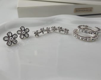 Silver Floral Earring Set | Sparkly Flower Studs & Hoops | 3 Piece | NWOT