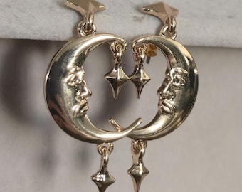 Gold Crescent Moon Face Earrings Celestial Star Dangle Gift Ready