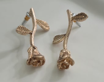 Rose Gold Tone Rose Stem Earrings 1.5” Floral Drop Studs Valentine Gift