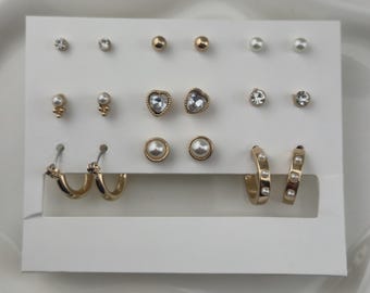 Gold Tone Stud and Hoop Earring Set | Pearls, Hearts & Crystal Studs | Multi Pair Set