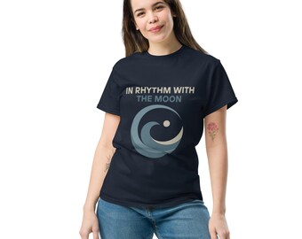 In Rhythm With the Moon T-Shirt - Minimalist Wave and Moon Graphic Tee - Nature Energy Shirt - Ocean Moon Phases Gift - Unisex Cotton Tee