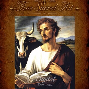 Op de afbeelding: Een digitale print van een bebaarde man in een wit gewaad en een donkerrode mantel die een open boek vasthoudt, met een zwart-witte os op de achtergrond. De tekst "Fine Sacred Art" staat bovenaan en "Digital Download" in het midden.