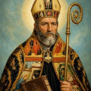 Può includere: Un ritratto di un vescovo barbuto che indossa una mitra dorata ornata e una veste nera e oro decorata con scene religiose. La figura tiene un alto pastorale dorato in una mano e un libro spesso rilegato in pelle nell'altra, su uno sfondo blu.