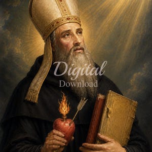 Op de afbeelding: Een schilderij van een bebaarde figuur met een hoge, versierde mijter en een donker gewaad. De figuur houdt een rood hart vast dat doorboord is door een pijl met een vlam erbovenop en een dik, goudgebonden boek. De tekst Digital Download is zichtbaar.