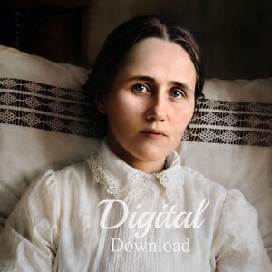 May include: A person with dark hair and blue eyes wearing a white long-sleeved shirt with a lace-trimmed collar and vertical pleats. The text Digital Download is overlaid in white script. The person is positioned against a white fabric backdrop.