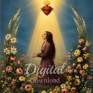 Puede incluir: Una ilustración digital de una persona con cabello largo y castaño arrodillada con un vestido morado, rodeada por un arco floral de rosas y lirios. Arriba, un corazón brillante rodeado de espinas irradia luz hacia un triángulo blanco.