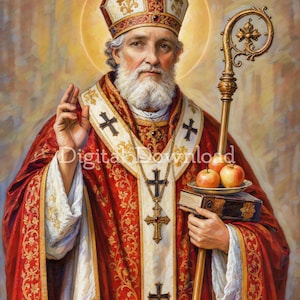 Op de afbeelding: Een schilderij van een bisschop in een rood en goud versierd kazuifel, een wit pallium met zwarte kruisen en een hoge mijter. De figuur houdt een gouden staf vast met een schaal met drie appels op een boek, met een aureool achter het hoofd.