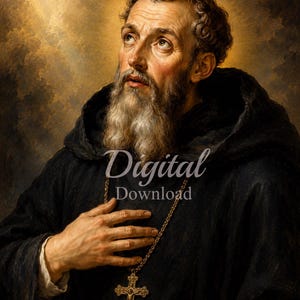 Può includere: Un download digitale di un dipinto a olio raffigurante un uomo barbuto con una tunica nera con cappuccio che guarda verso l'alto con una luce dorata sopra. Indossa una catena d'oro con un crocifisso e ha la mano destra sul petto.