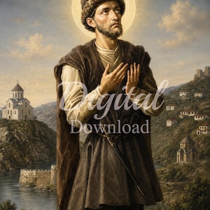 May include: A painting of a bearded figure wearing a dark brown fur-trimmed hat and a brown tunic with a belt and a sheathed dagger. The figure has a glowing halo, hands raised in prayer, and stands before a landscape with stone buildings and a river.