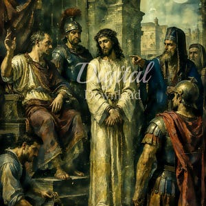 May include: A historical oil painting depicting a central figure in a white robe and crown of thorns standing before a seated official, surrounded by Roman soldiers and a robed leader, with the text Digital Download overlaid in the centre.