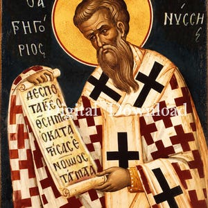 Könnte beinhalten: Ein religiöses Ikonenbild, das eine bärtige Figur mit goldenem Heiligenschein zeigt, bekleidet mit einem weißen Gewand mit rotem Kreuzmuster. Die Figur hält eine offene Schriftrolle mit griechischem Text, ergänzt durch griechische Schriftzeichen.