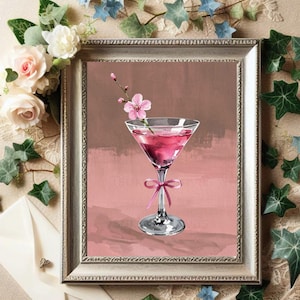 Kokette Martini Wand Kunst Preppy Cocktail mit rosa Schleife Poster Blush getönten Martini mit Kirschblüte Print Japanische Cocktailparty Geschenk