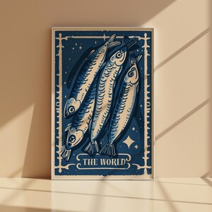 Sardines Wall Art Digital Retro Tarot Card Art Print Marine Aesthetic Fish Art Vintage Sea Animal Poster Sardine Tin Beachy Wall Decor