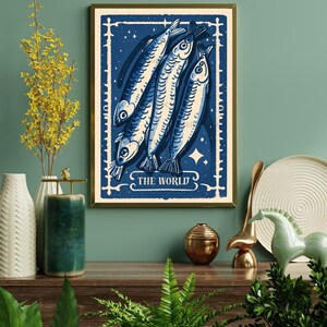 Sardines Wall Art, Digital Retro Tarot Card Art Print, Marine Aesthetic Fish Art, Vintage Sea Animal Poster, Sardine Tin Beachy Home Decor