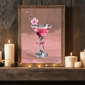 Coquette Martini Wall Art Preppy Cocktail with Pink Bow Poster Blush Toned Martini with Cherry Blossom Print Japanese Cocktail Party Decor