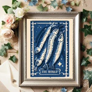 Sardines Wall Art, Digital Retro Tarot Card Art Print, Marine Aesthetic Fish Art, Vintage Sea Animal Poster, Sardine Tin Beachy Wall Decor
