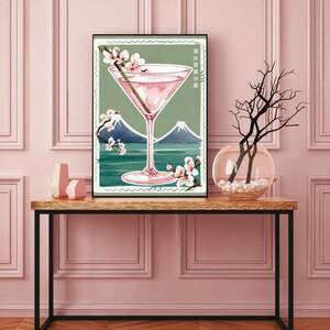 Martini Wall Art with Custom Quote, Pink Cocktail Poster with Cherry Blossom, Vintage Martini Japanese Print, Cocktail Party Gift
