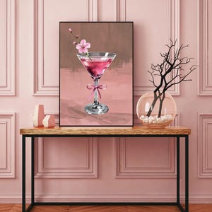 Coquette Martini Wall Art Preppy Cocktail with Pink Bow Poster Blush Toned Martini with Cherry Blossom Print Japanese Cocktail Party Decor