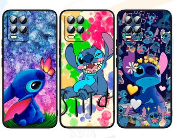 May include: Three phone cases with different designs featuring Stitch from Lilo & Stitch. The first case has a blue Stitch with a butterfly, the second case has a blue Stitch with a pink and yellow background, and the third case has a blue Stitch with a white background and a blue and white pattern.