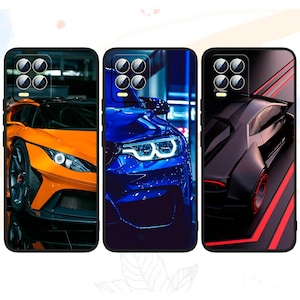 May include: Three phone cases featuring sports cars. The first case displays an orange car, the second a blue car, and the third a black car with red accents. Each case has a black border and a camera cutout.