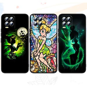 May include: Three phone cases featuring Tinkerbell from Disney's Peter Pan. The first case has a green and black silhouette of Tinkerbell with a stained glass background. The second case has a colorful stained glass design of Tinkerbell with a clock and a block letter 'A'. The third case has a green and black silhouette of Tinkerbell with a glowing green halo.