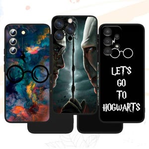 May include: Three smartphone cases featuring Harry Potter themes. The left case has a colorful abstract background with black glasses and a lightning bolt. The center case shows a face-to-face confrontation with a wand. The right case is black with white glasses and the text LET'S GO TO HOGWARTS.