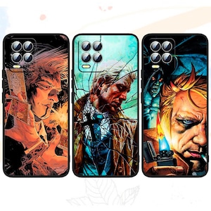 May include: Three black phone cases with comic book art. One features a man smoking with tarot cards, another a man in a trench coat, and the third a man with a lighter and a monster in the background. The cases have a glossy finish.
