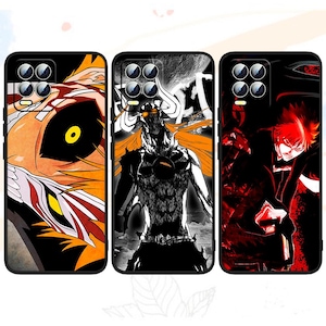 May include: Three black phone cases with anime-style character designs. The cases feature vibrant orange, red, and black color schemes. Each case has a different character illustration, with detailed artwork and bold outlines.