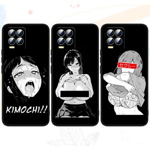 May include: Three black phone cases with different designs. The first case features a black and white illustration of a woman with the text "KIMOCHI!!". The second case features a black and white illustration of a woman with a censored area. The third case features a black and white illustration of a woman with the text "セクシー" in red.