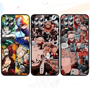 May include: Three phone cases with anime character designs. The cases feature various characters in action poses, with a mix of vibrant and dark colour schemes. Each case has a black border and camera cutouts.