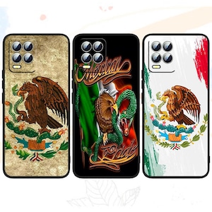 May include: Three phone cases with Mexican flag designs. One case features a brown eagle with a snake on a textured background. Another has the words "Mexican Pride" and a green, white, and red flag. The third case has a red and white background with an eagle and snake.