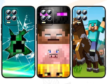 May include: Three phone cases featuring Minecraft-themed designs. One case has a green Creeper design with a cracked screen effect. Another features a pixelated Steve and pig design. The third case shows Steve riding a horse.