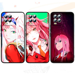 May include: Three phone cases with different designs featuring a pink-haired anime character with red eyes. The character is wearing a red and white outfit. The phone cases are black with a camera cutout.