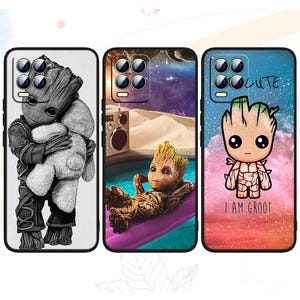 May include: Three phone cases featuring a cartoon character with green skin and a brown tree trunk for a body. The character is holding a teddy bear on one case, floating on a blue pool on another case, and saying "I am Groot" on the third case.